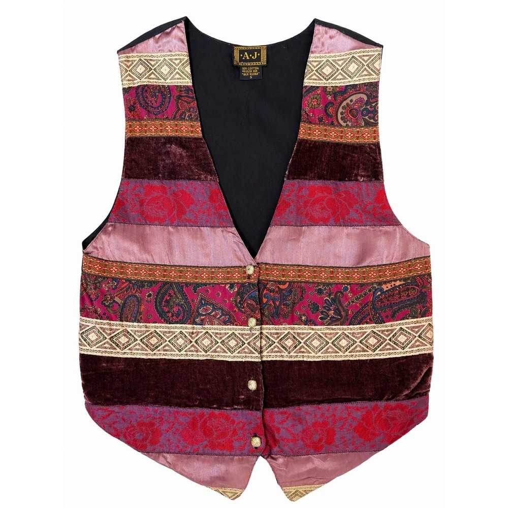 AJ Vest Womens Small Multicolor Patchwork Velvet Floral Paisley Boho Waistcoat
